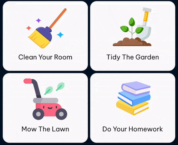 Moving image showing different tasks like cleaning your room, tidying the garden, mow the garden, do your homework